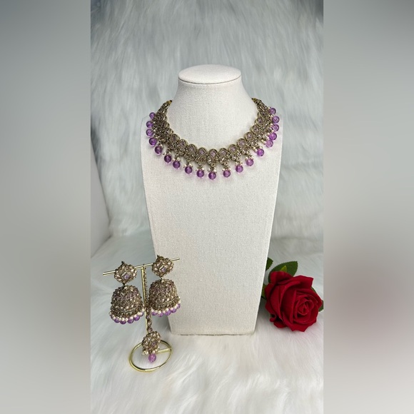 Beautiful Lavender Gold Polki Necklace With Jhumka & Tikka Set - Picture 3 of 10
